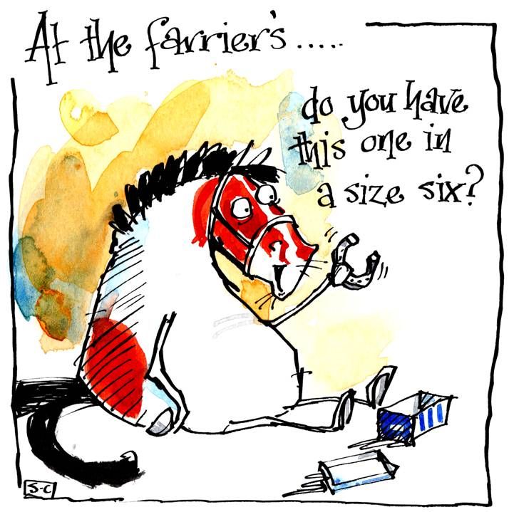 At TheGreeting card with cartoon horse trying on shoes.  Caption - Farrier'