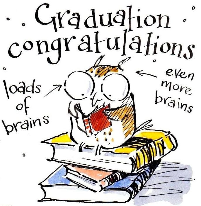 Graduation Congratulations card with cartoon owl sat reading  on pile of bo