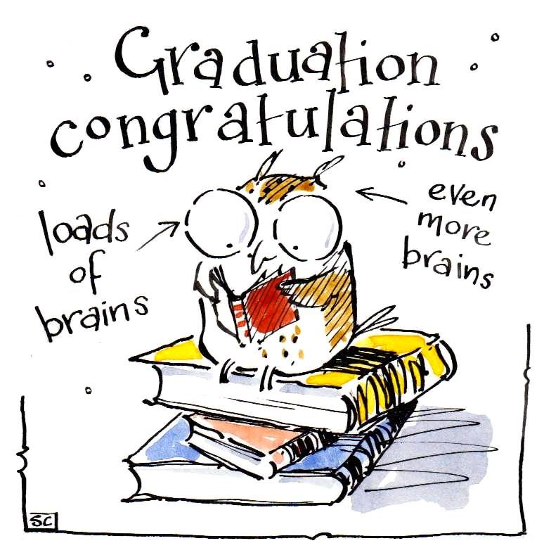 Graduation Congratulations card with cartoon owl sat reading  on pile of bo
