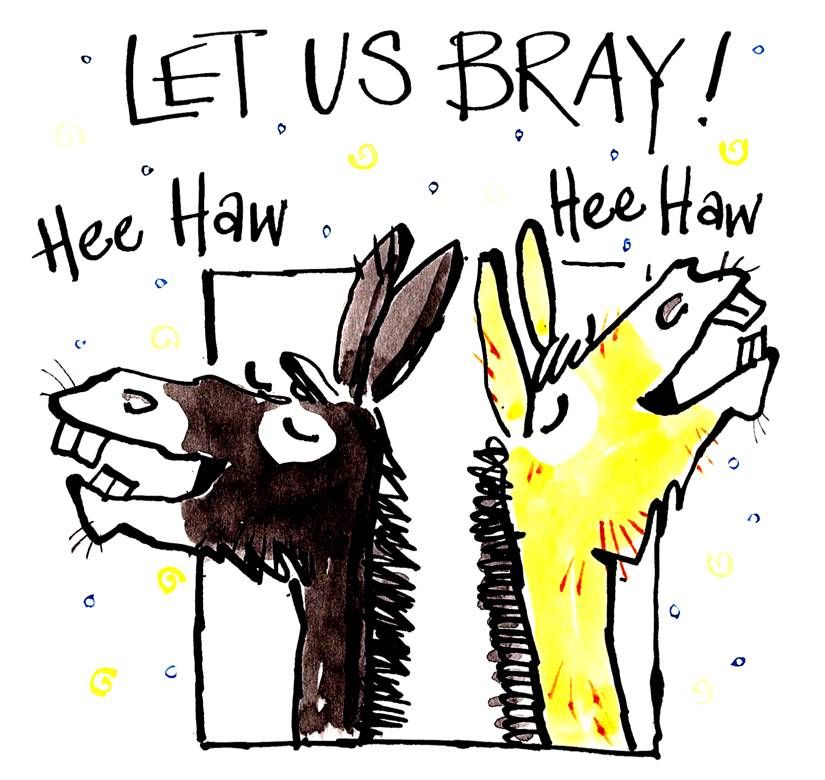 Card for all occasions, 2 cartoon donkeys & caption  Let Us Bray 