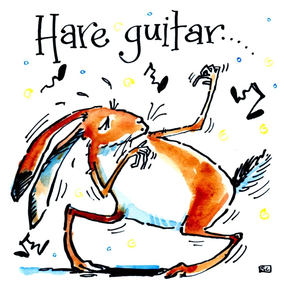 Cartoon hare card with caption Hare Guitar