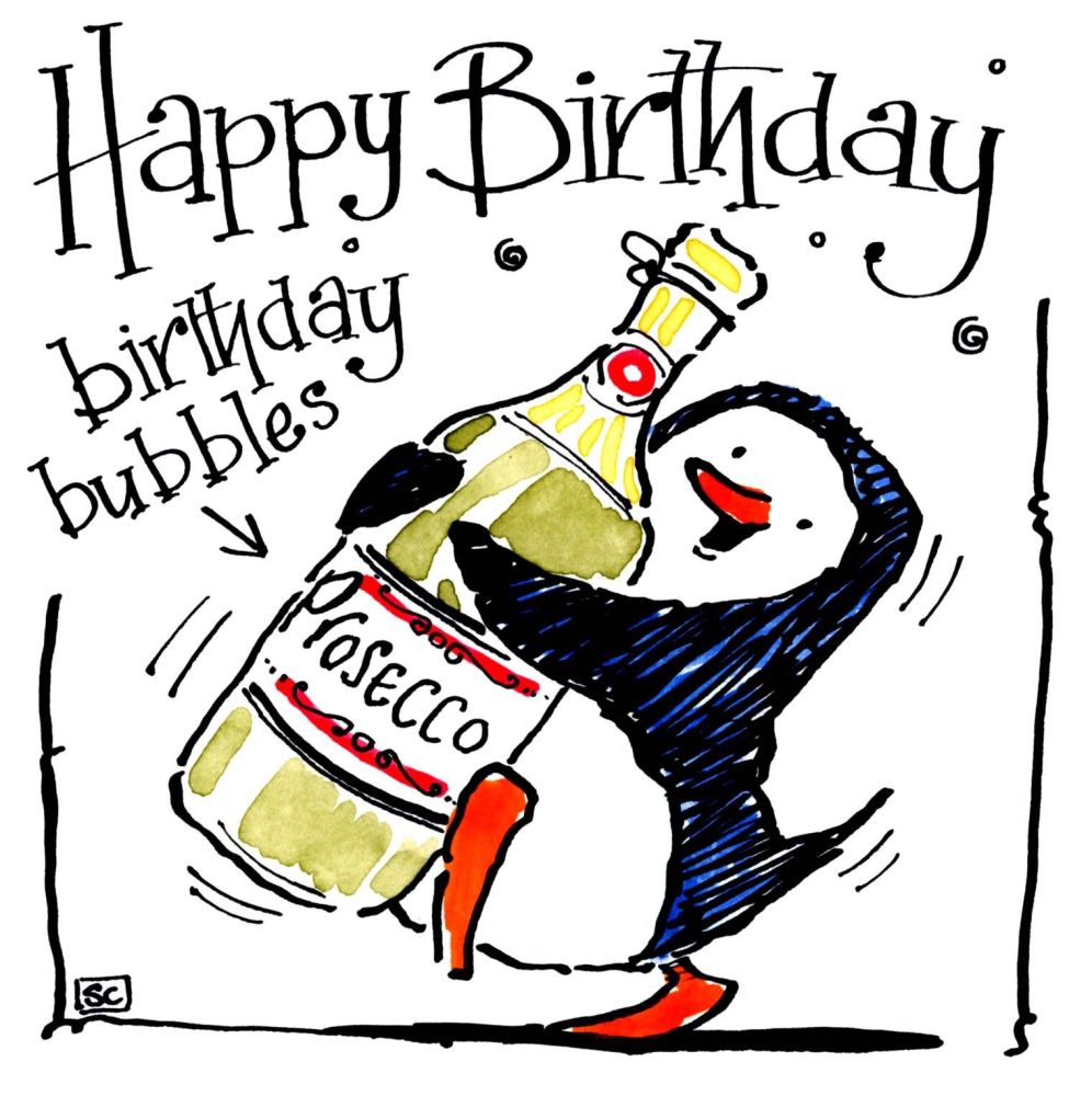  Birthday Card  With Penguin & Prosecco Picture Caption:  Happy Birthday Bi
