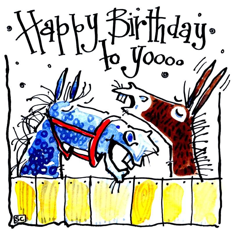 Birthday card with pic of horse & donkey singing Happy Birthday To you