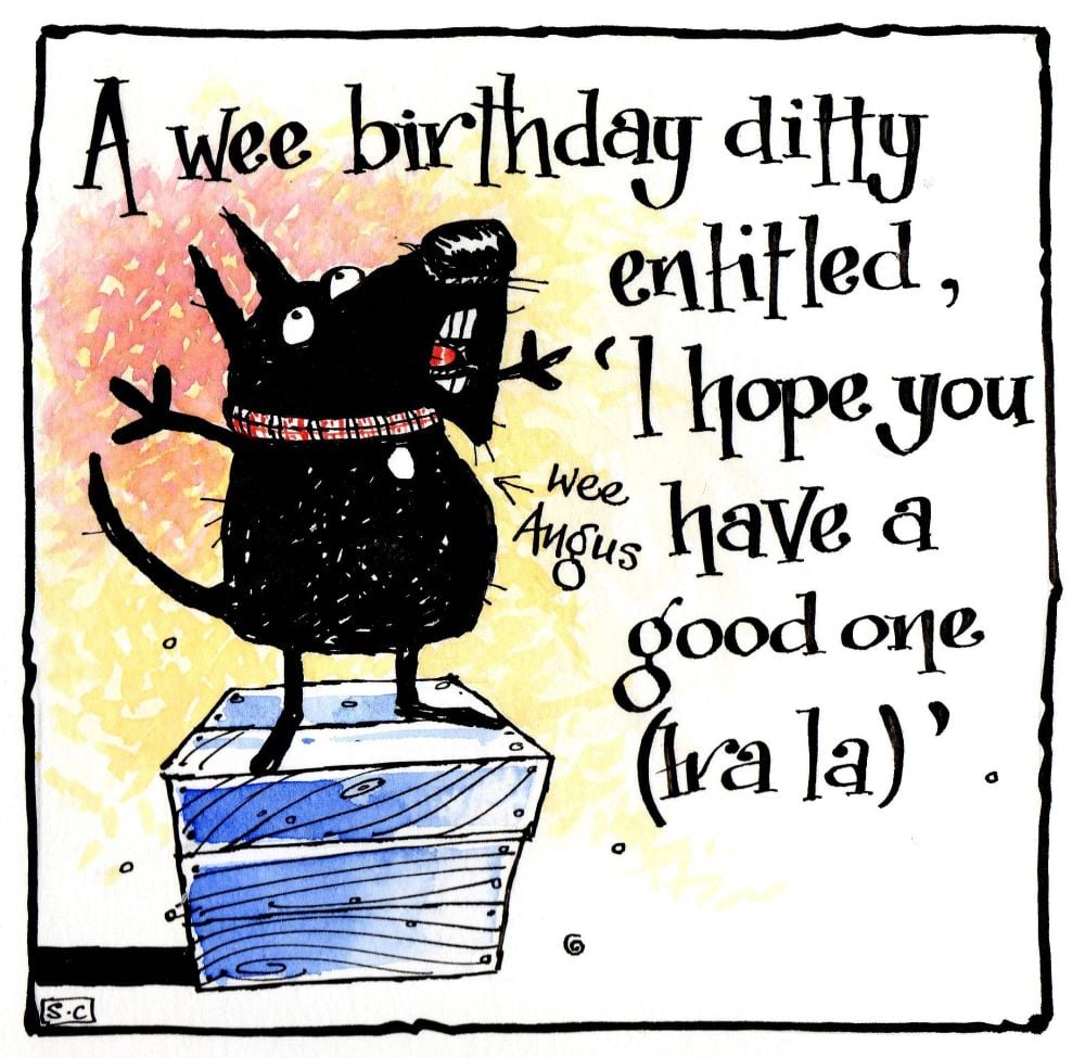 Scottish Terrier Birthday Card - Dog on box reciting Happy Birthday ditty