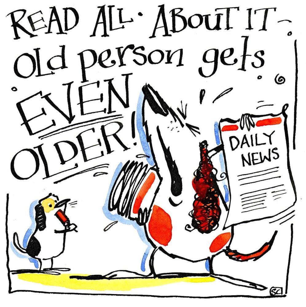 Dog cartoon Birthday card with caption: Read All About It, Old Person Gets 