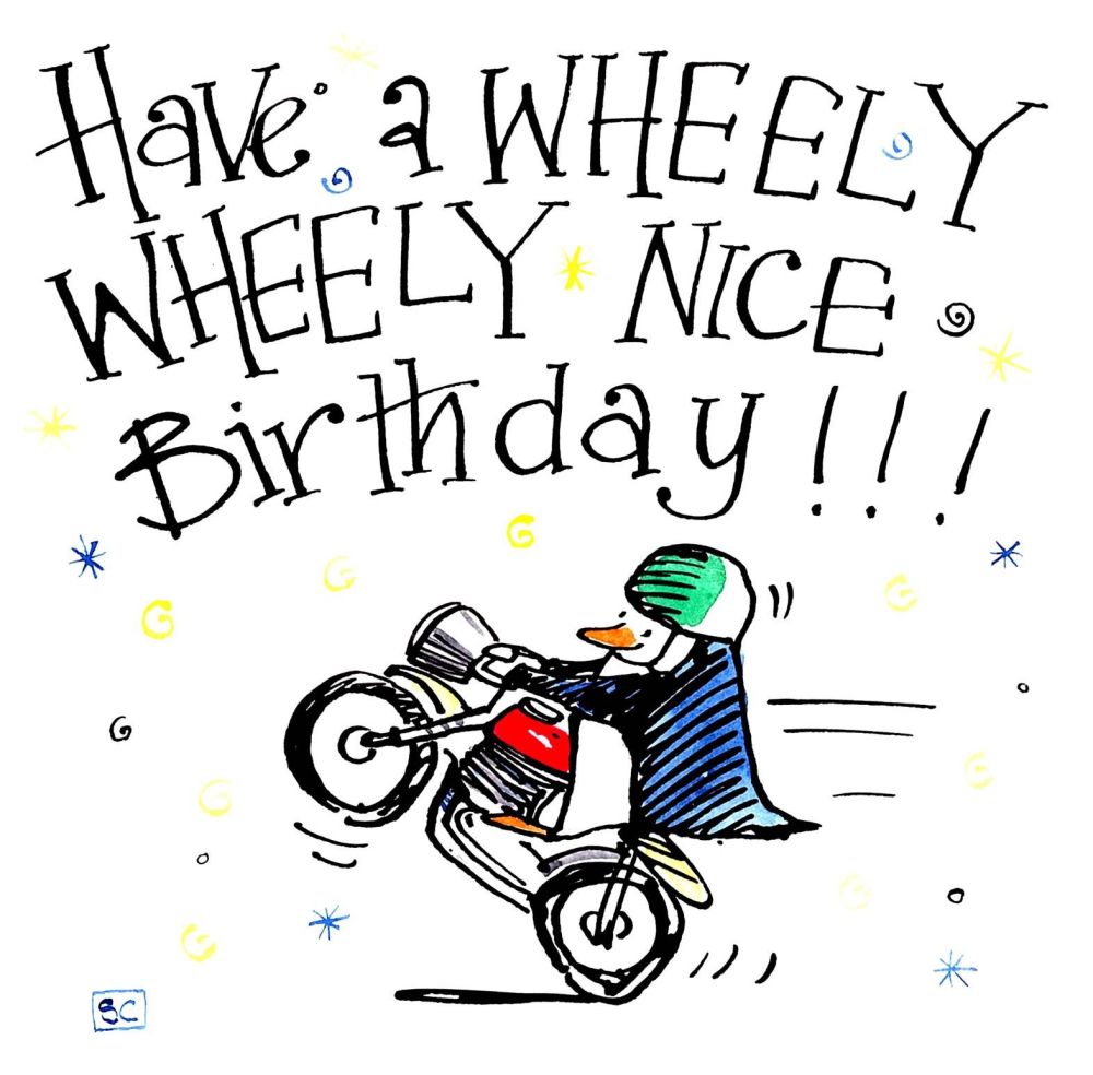 Motor Bike Birthday Card - Penguin on motorbike. Caption: Have A Wheely Nic