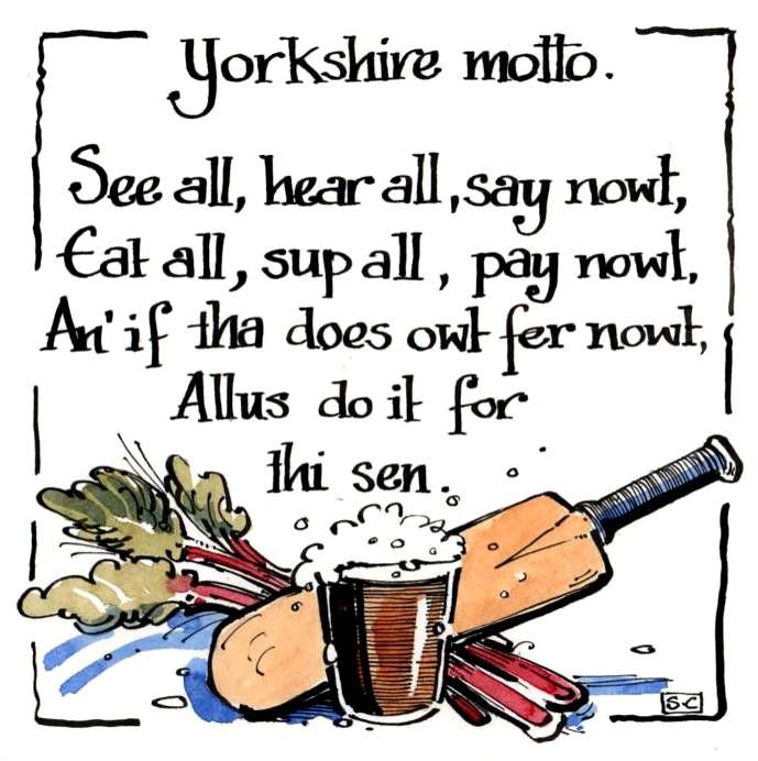 A Yorkshire Motto Birthday Card With cricket bat, beer & rhubarb