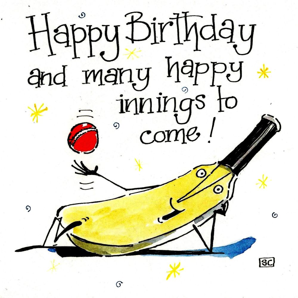 Cartoon bat and ball card.  Caption: Happy Birthday & Many Happy Innings To