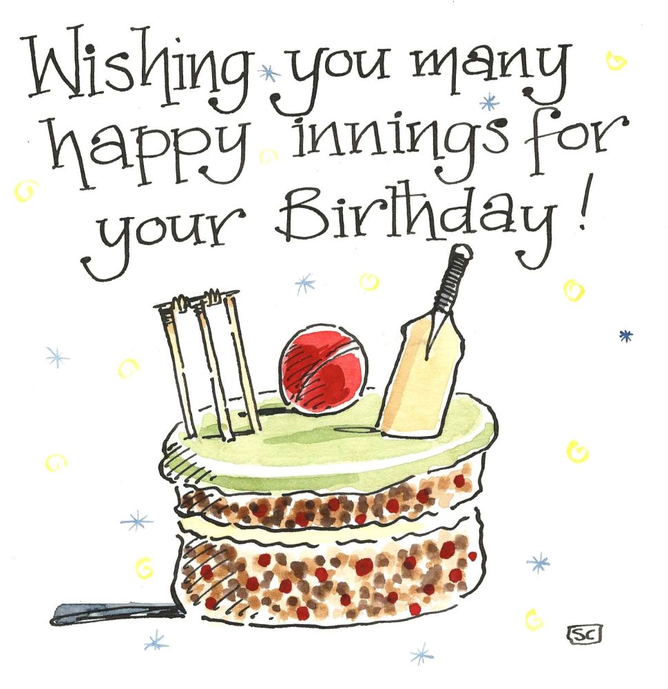<!00200> Cricket Birthday Card With Cake design decorated with bat,stumps a