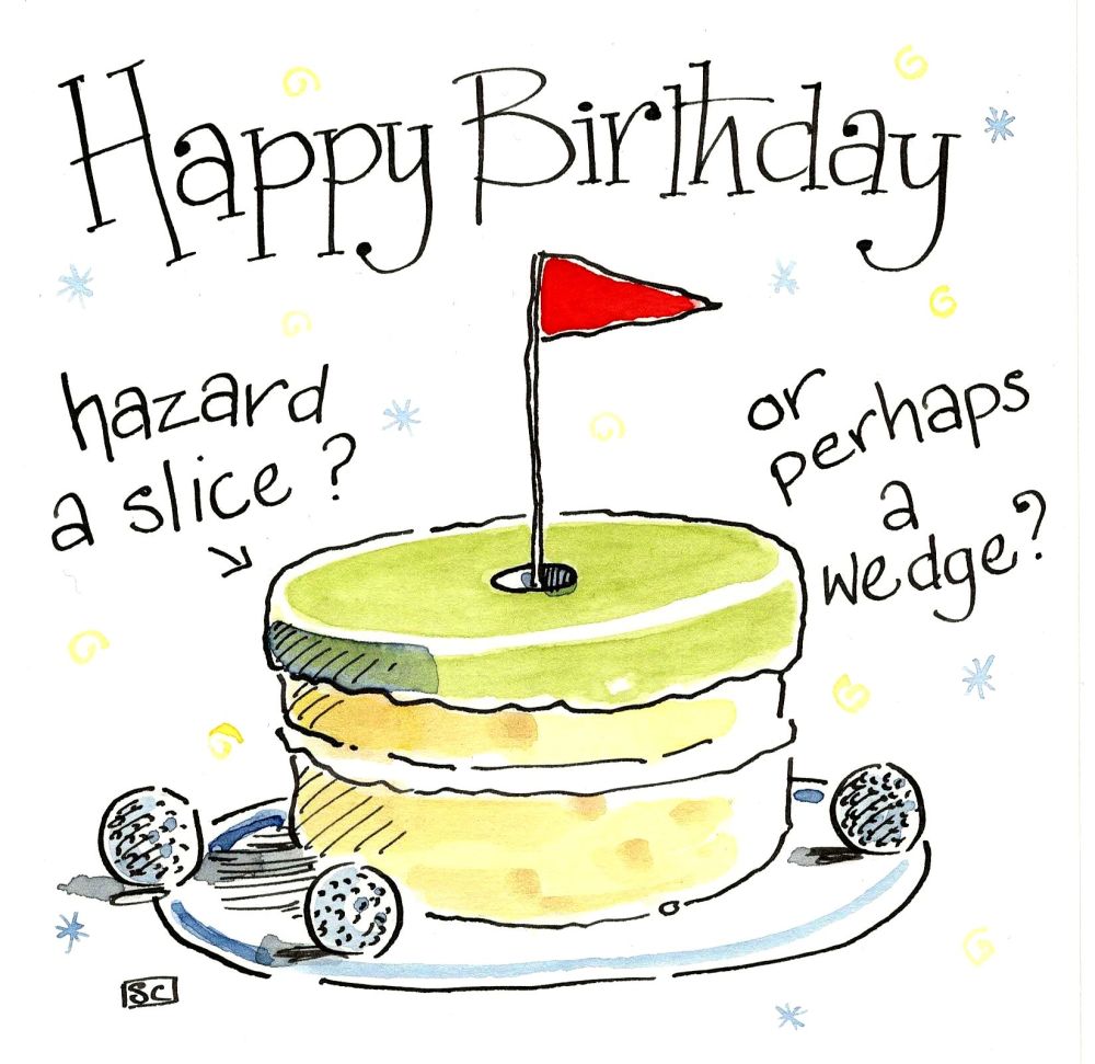 <!00100>Golfing Happy Birthday Card with cake design & Golfing puns