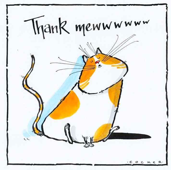 Cartoon cat thank you card. Caption:Thank Mew