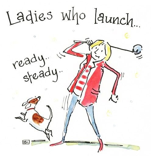 Cartoon of woman throwing ball for dog.:Ladies Who Launch
