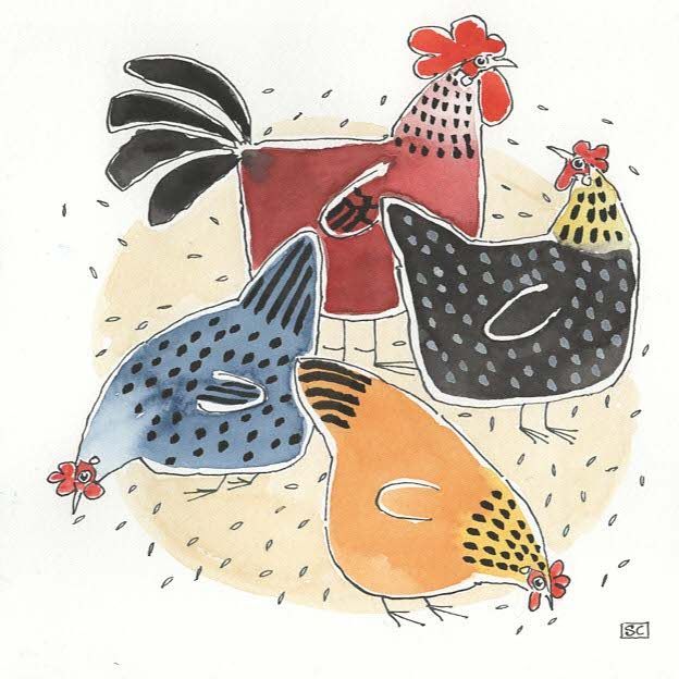 Feathered Fun: Three Hens and a Cockerel make for an amusing card.  