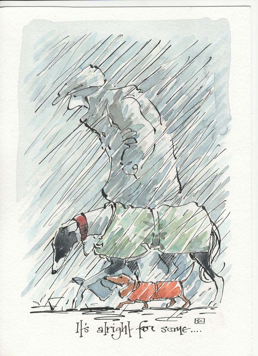 dog walker in the rain original art