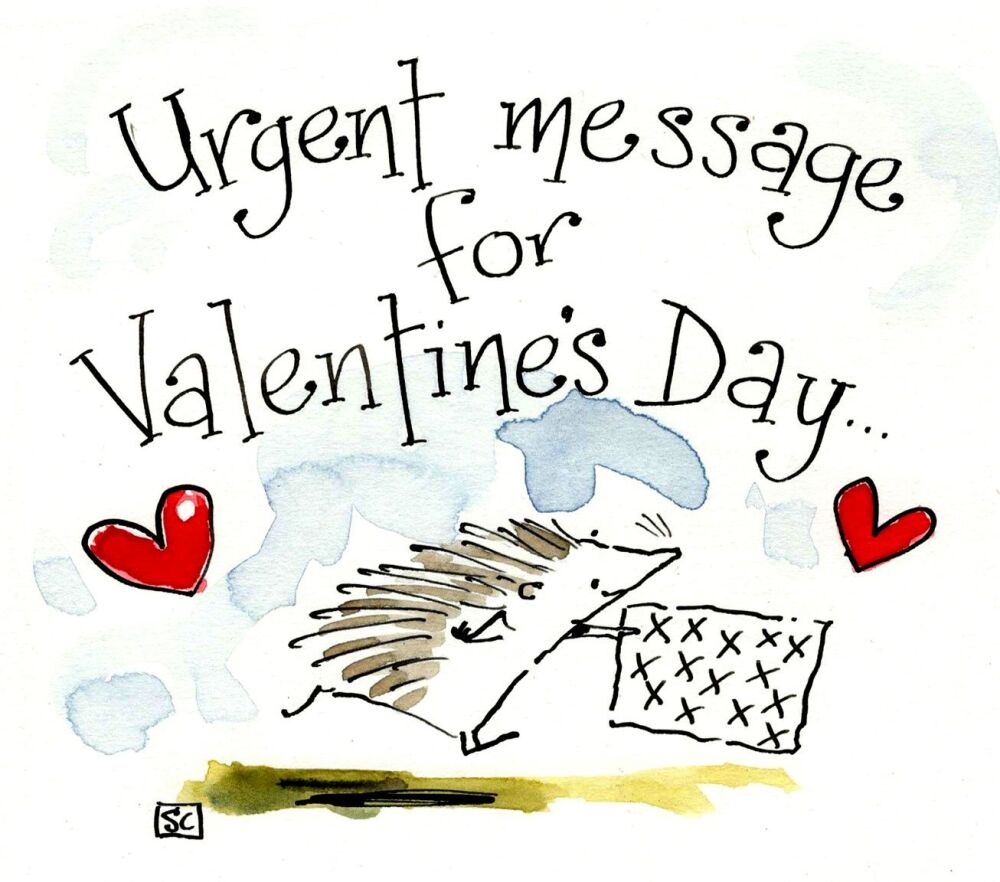 <!00300>Hearts & Hedgehog Valentine's Day Card. Caption: Urgent message for