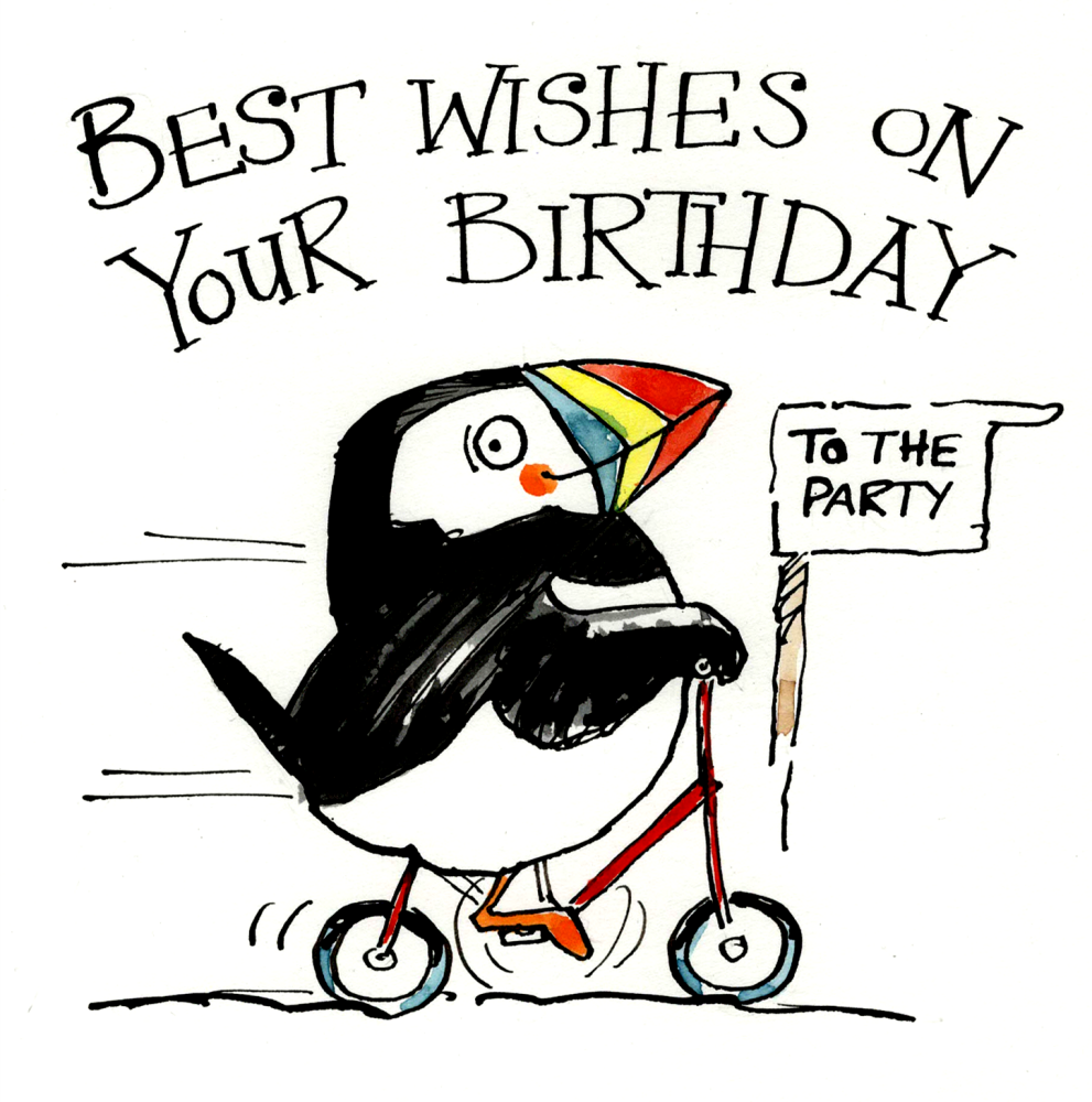 Funny Puffin on a Bike Birthday Card – Quirky Bird Humour