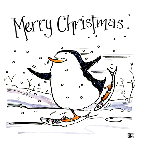 Funny Penguin Christmas Card – Fish Skates & Festive Cheer