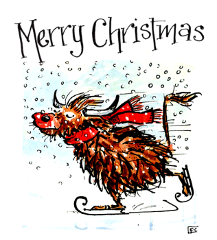 Merry Christmas Highland Cow Card – Funny Skating Coo Design