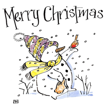 Merry Christmas Snowman Card – Feeding a Robin Winter Scene