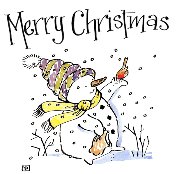 Merry Christmas Snowman Card – Feeding a Robin Winter Scene