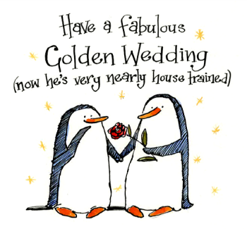 Funny Golden Wedding Anniversary Card – Penguin with Rose