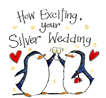 Silver Wedding Anniversary Card – Penguins with Champagne – 25 Years