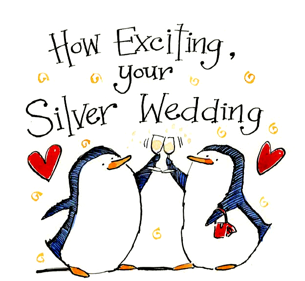 <!00500>Silver Wedding Anniversary Card – Penguins with Champagne – 25 Year