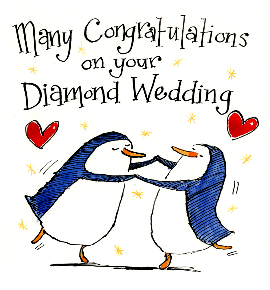 <!00100> 60th Diamond Wedding Anniversary Card – Dancing Penguins