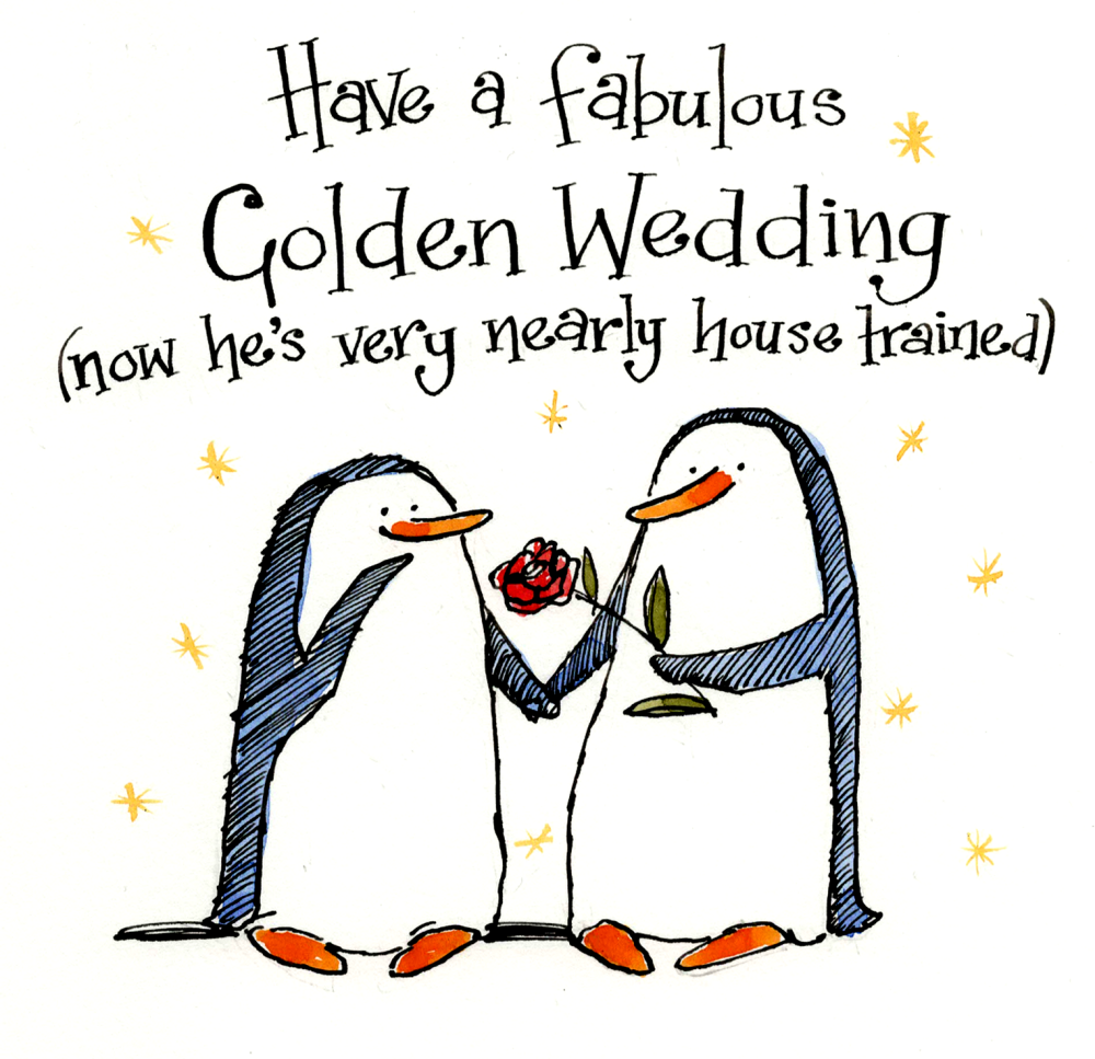 <!00300>Funny Golden Wedding Anniversary Card – Penguin with Rose