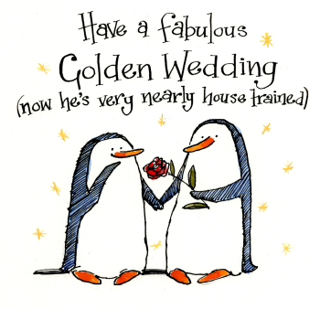 Funny Golden Wedding Anniversary Card &ndash; Penguin with Rose