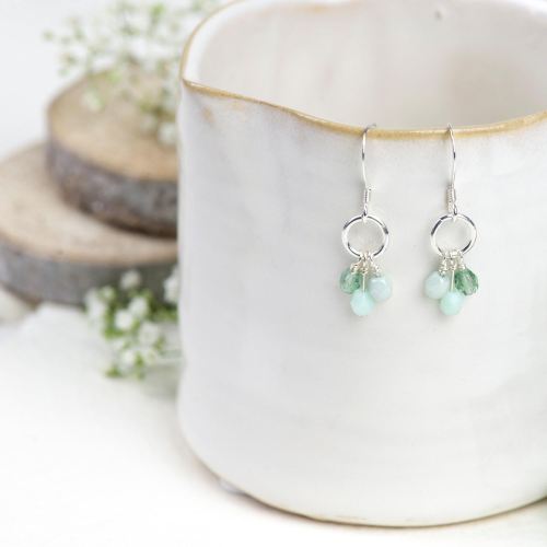 Silver green glass bead cluster earrings