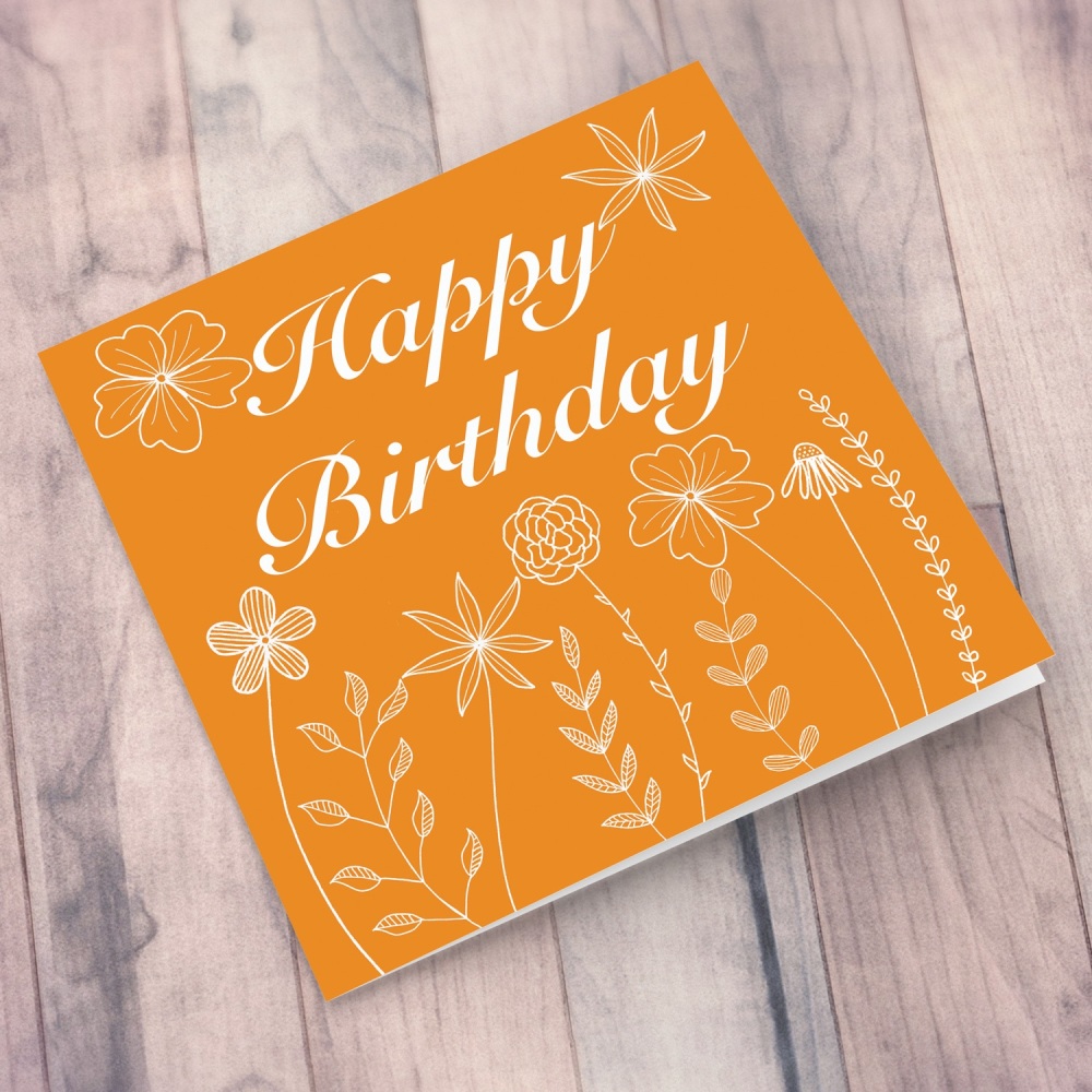 Orange Meadow Flowers Happy Birthday Card