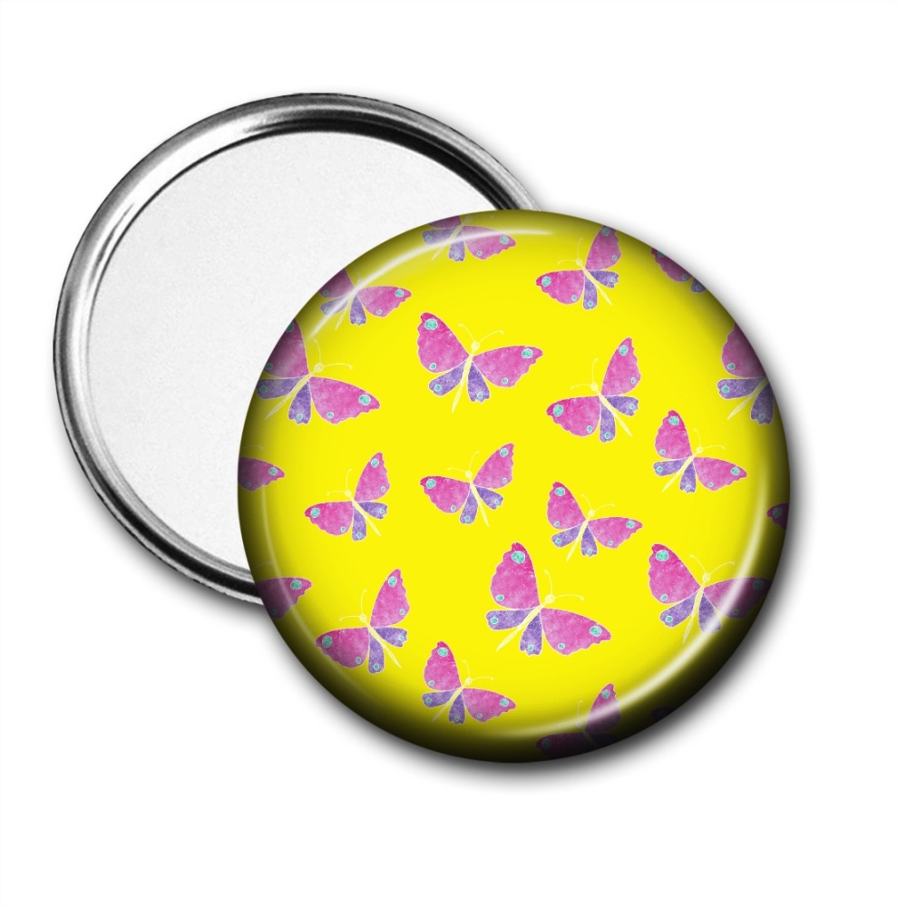 Pocket Mirror with pink and purple butterflies on a yellow background
