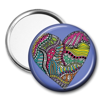 Pocket mirror with colourful doodle heart on a blue background