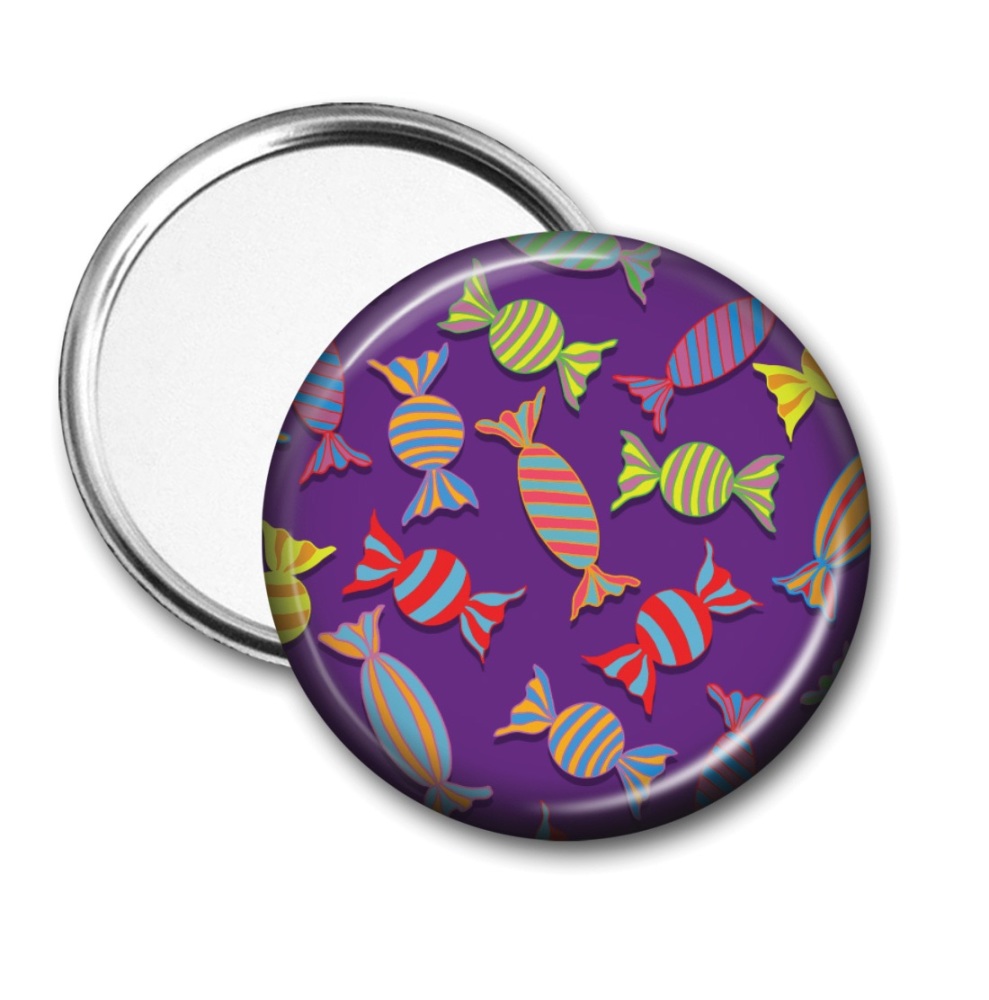 Pocket mirror with sweeties on a purple background