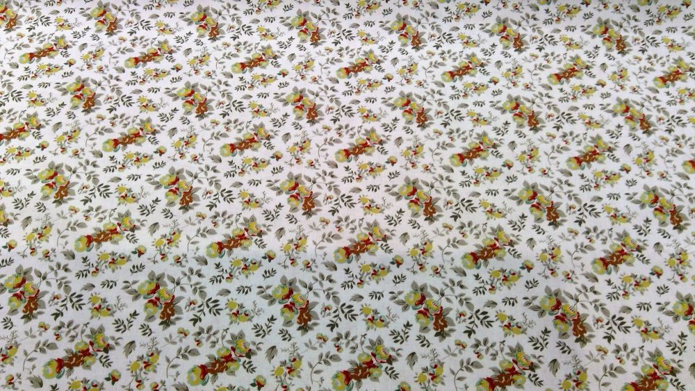 ORGANIC COTTON POPLIN- BROWN FLOWERS WITH WHITE BACKGROUND