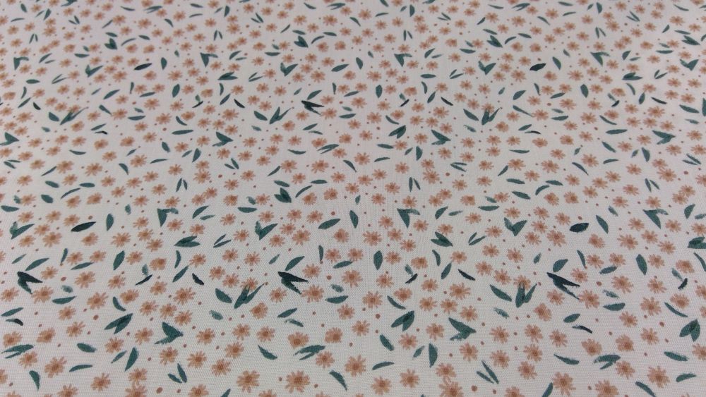 CREAM WITH BROWN FLOWER AND GREEN LEAF PRINT 100% COTTON  POPLIN