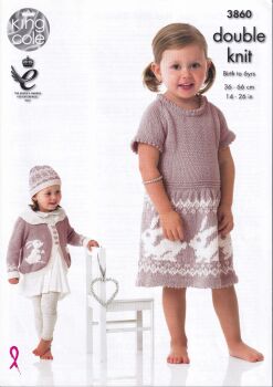 3860 DRESS, CARDIGAN, HAT AND BLANKET KNITTING PATTERN BY KING COLE