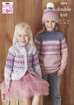 5869 SWEATERS, CARDIGAN AND HAT KNITTING PATTERN BY KING COLE