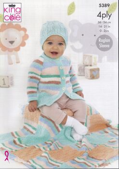 5389 COAT, CARDIGAN, HAT AND BLANKET KNITTING PATTERN BY KING COLE