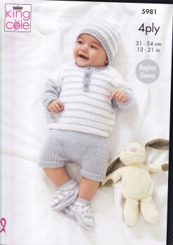 5981 SWEATERS, PANTS, HAT AND BOOTEES KNITTING PATTERN BY KING COLE