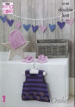 5145 PINAFORE DRESS, BUNTING, HAT, SHOES AND BOOTEES CROCHET PATTERN BY KING COLE