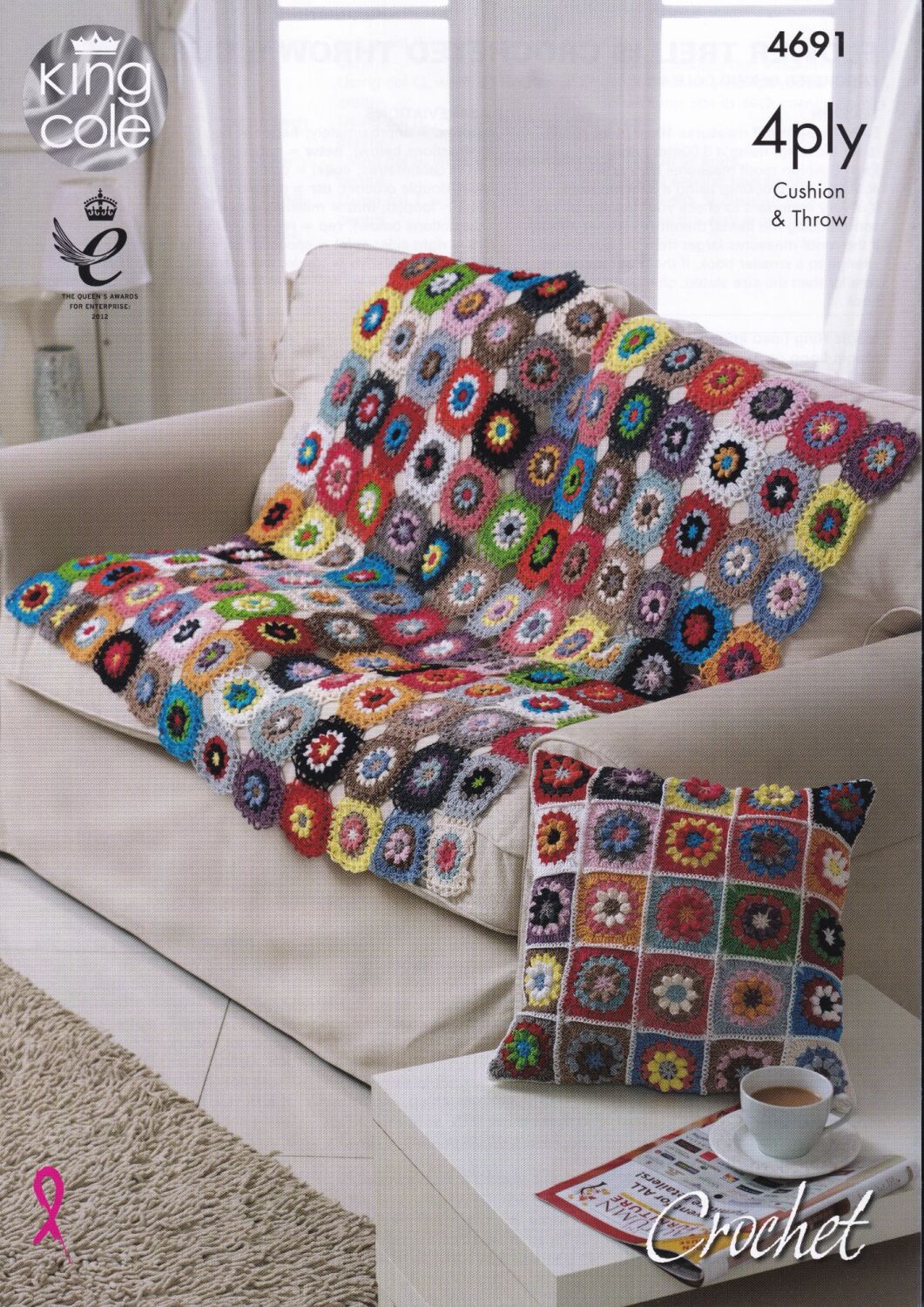4691 FLOWER TRELLIS THROW AND CUSHION CROCHET PATTERN BY KING COLE