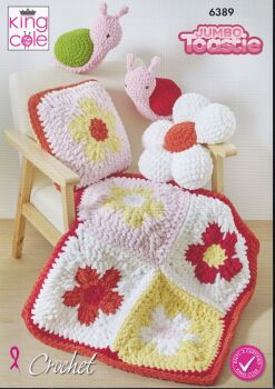 6389 FLOWER CUSHIONS, BLANKET AND SNAIL TOY CROCHET PATTERN BY KING COLE