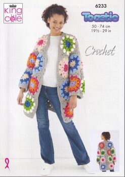6233 GRANNY SQUARE CROPPED AND LONG COATIGANS CROCHET PATTERN BY KING COLE