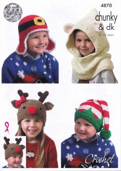 4870 CHILDREN'S NOVELTY CHRISTMAS HATS CROCHET PATTERN BY KING COLE