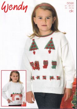 5596 FIREPLACE AND PARCELS CHILDRENS CHRISTMAS SWEATER KNITTING PATTERN BY WENDY