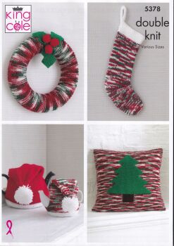 5378 CHRISTMAS STOCKING, WREATH, CUSHION AND TEA COSY KNITTING PATTERN BY KING COLE