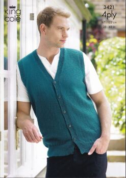 3421 MEN'S SLIPOVER AND WAISTCOAT KNITTING PATTERN BY KING COLE