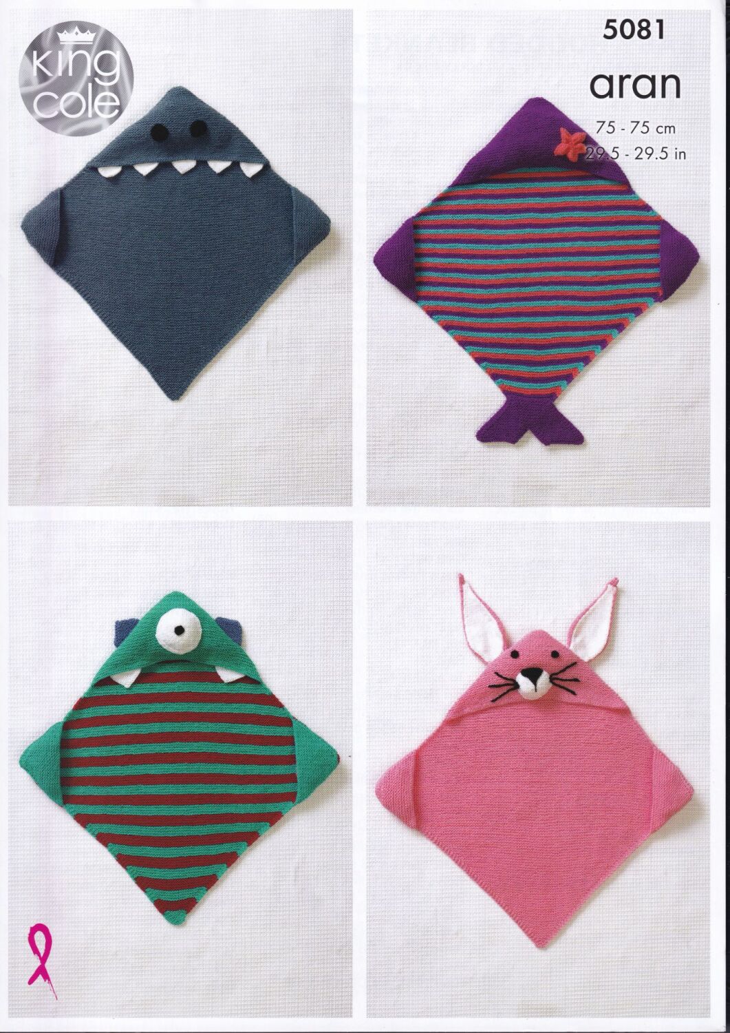 5081 SHARK, BUNNY, MONSTER & MERMAID HOODED BLANKETS KNITTING PATTERN BY KI